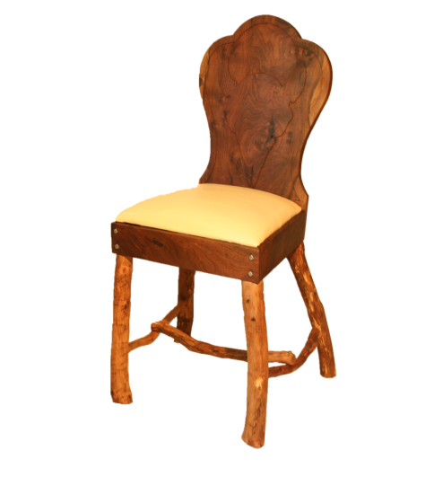 Claro walnut keyhole chair with hand routed bison skull back, oak legs, padded cream leather seat