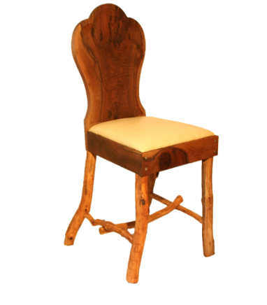 Claro walnut keyhole chair with hand routed bison skull back and oak legs, padded cream leather seat