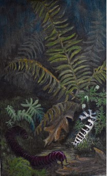 acrylic painting of a millipede and glow worm by Cindy Rogers