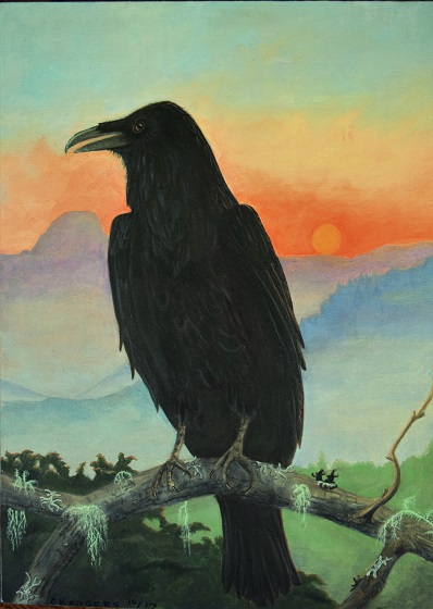 acrylic painting of a raven with Jewett Rock in the smoky sunrise background by Cindy Rogers