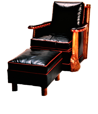 black leather red welt club chair with matching ottoman