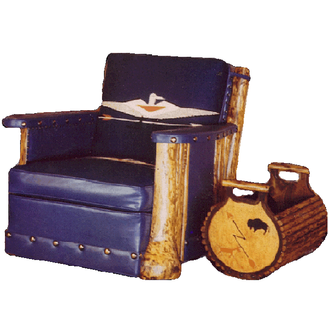 blue leather with woven thunderbird design upholstered club chair and magazine holder