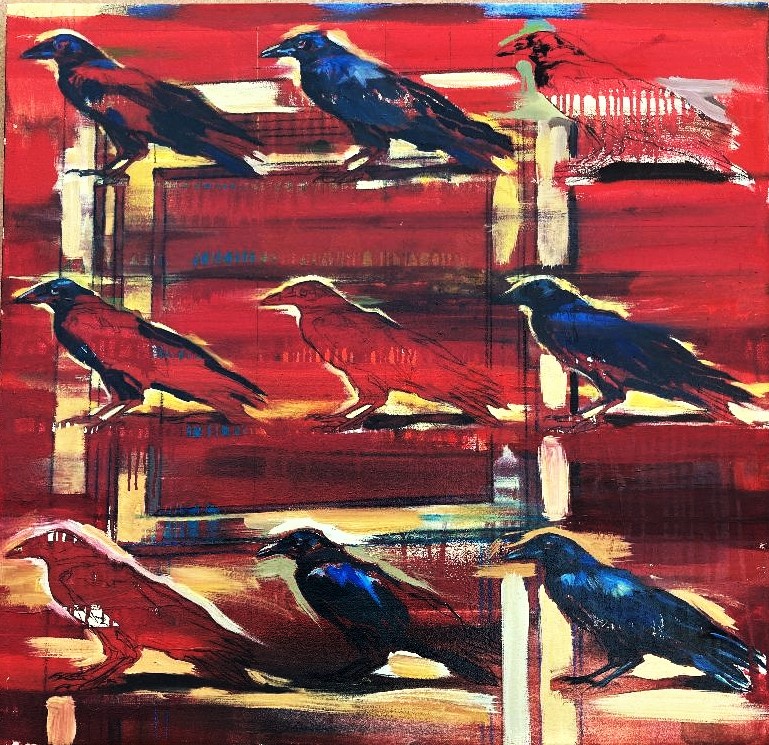 oil painting of nine crows