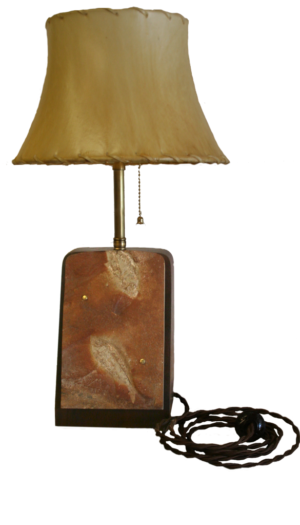 pull chain fossil desk lamp, walnut base, 10 inch hide shade, height 17 inches