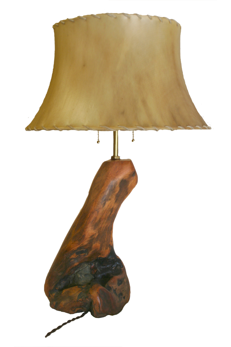 root burl with encased rock table lamp, two bulb pull chain lamp, 18 inch hide shade, height 30 inches