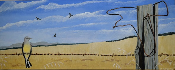 acrylic painting of a western kingbird on barbed wire by Cindy Rogers