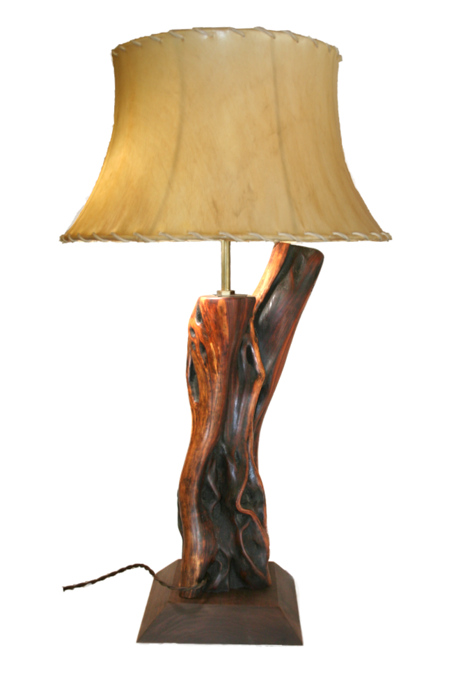 manzanita table lamp, walnut base, 18 inch hide shade, height 31 inches