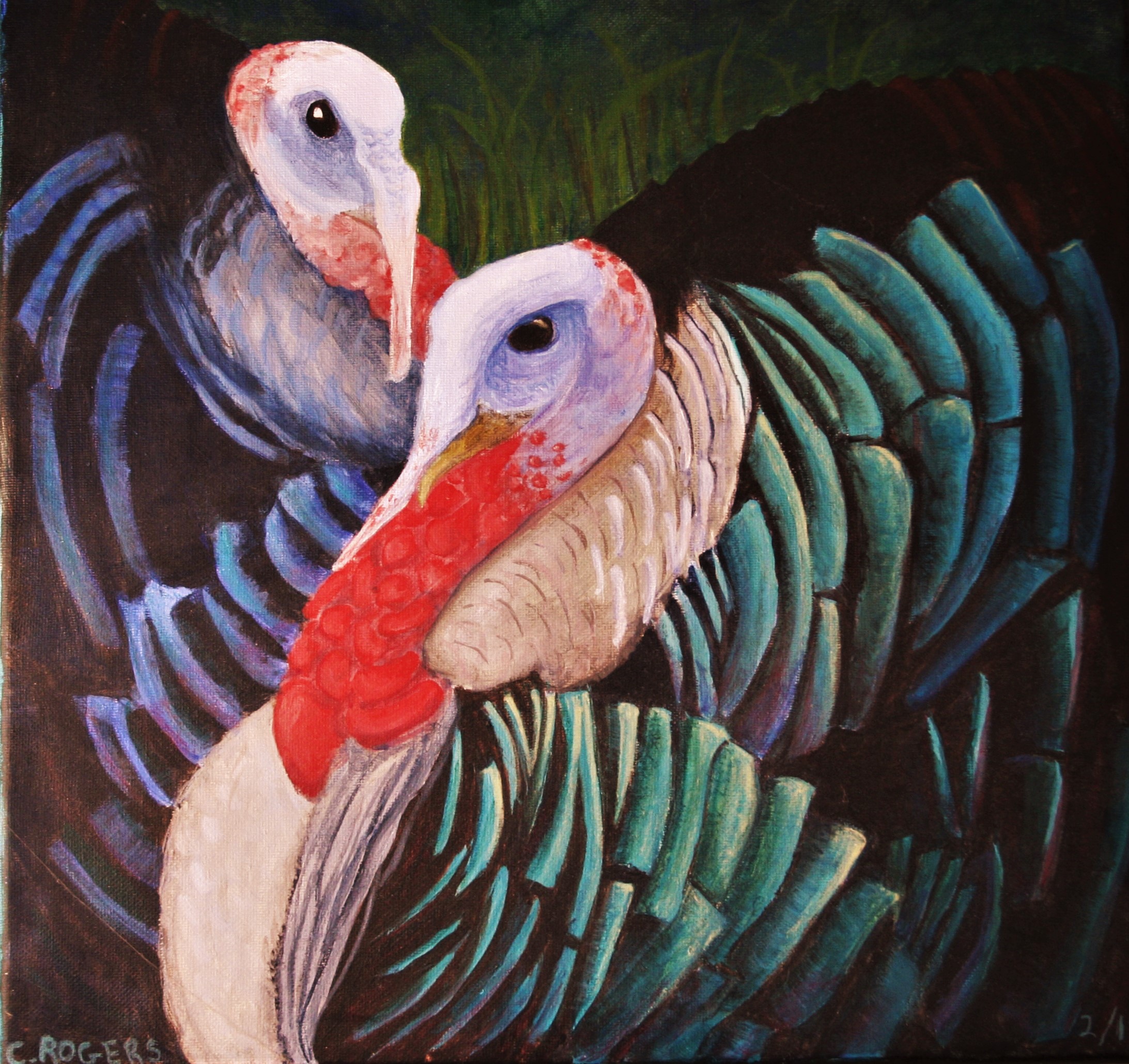 acrylic painting of two tom turkeys